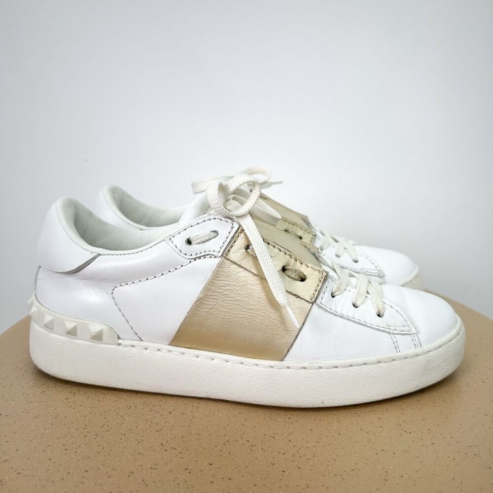 Valentino Garavani Women’s Leather White Metalic Gold Studded Sneaker